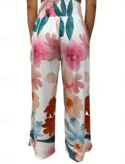 Sale Women's Cotton Linen Pants Wide Leg Chinos Vacation Fashion Casual Full Length High Waist Floral Pocket Elastic Waistband Print Comfy Soft Comfortable Micro-elastic Outdoor Vacation Street Black Pink Women Pants