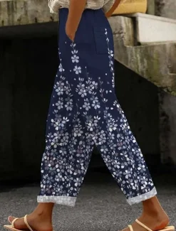 Best Women's Cotton Linen Pants Baggy Pants Linen Like Elegant Vintage Fashion Full Length High Waist Floral Gradient Printing Breathable Soft Micro-elastic Outdoor Daily Linen Like Regular Fit Women Pants