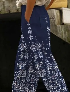 Best Women's Cotton Linen Pants Baggy Pants Linen Like Elegant Vintage Fashion Full Length High Waist Floral Gradient Printing Breathable Soft Micro-elastic Outdoor Daily Linen Like Regular Fit Women Pants