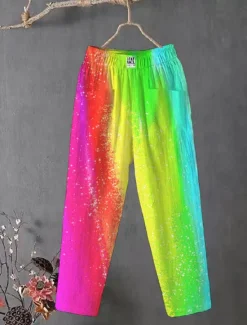Sale Women's Cotton Linen Pants Slacks Baggy Pants Comfort Chino Ankle-Length Medium Waist Colorful Pocket Baggy Print Breathability Micro-elastic Outdoor Daily Rainbow Rainbow Rainbow Multi Color All Women Pants