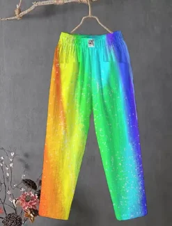 Sale Women's Cotton Linen Pants Slacks Baggy Pants Comfort Chino Ankle-Length Medium Waist Colorful Pocket Baggy Print Breathability Micro-elastic Outdoor Daily Rainbow Rainbow Rainbow Multi Color All Women Pants