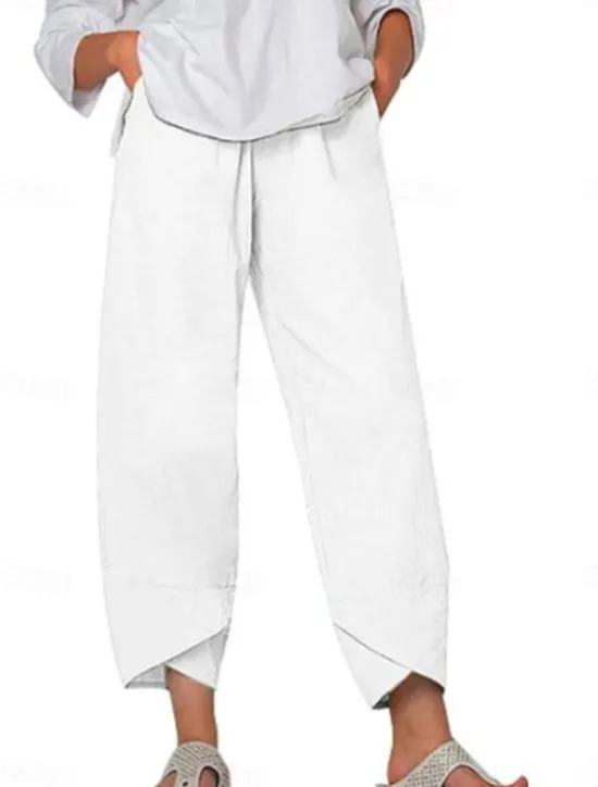 Online Women's Cotton Linen Pants Baggy Pants Linen Like Chinos Fashion Basic Full Length Medium Waist Plain Pocket Drawstring Comfort Outdoor Micro-elastic Vacation Street Daily Grey Black White Dark Navy Women Pants