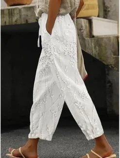 Clearance Women's Cotton Linen Pants Baggy Pants Linen Like Fashion Streetwear Full Length High Waist Graphic Lattice Printing Thermal Warm Breathable Soft Micro-elastic Outdoor Daily Women Leggings