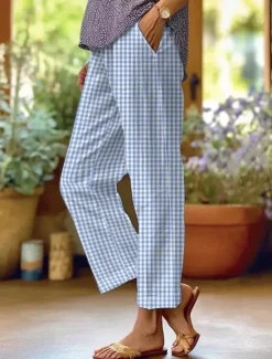 Clearance Women's Cotton Linen Pants Baggy Pants Linen Like Fashion Streetwear Full Length High Waist Graphic Lattice Printing Thermal Warm Breathable Soft Micro-elastic Outdoor Daily Women Leggings