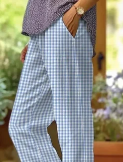 Clearance Women's Cotton Linen Pants Baggy Pants Linen Like Fashion Streetwear Full Length High Waist Graphic Lattice Printing Thermal Warm Breathable Soft Micro-elastic Outdoor Daily Women Leggings