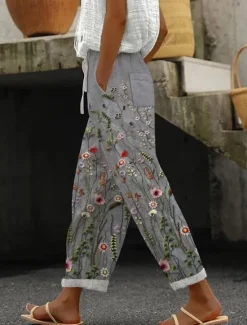 Clearance Women's Cotton Linen Pants Baggy Pants Linen Like Fashion Streetwear Full Length High Waist Graphic Lattice Printing Thermal Warm Breathable Soft Micro-elastic Outdoor Daily Women Leggings