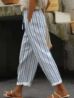 Sale Women's Cotton Linen Pants Pants Trousers Casual Daily Ankle-Length Graphic Striped Drawstring Side Pockets Breathability Comfortable Micro-elastic Weekend Royal Blue Blue Sky Blue Dark Blue Spring Women Pants