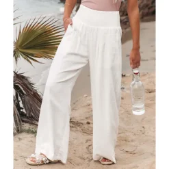 Online Women's Cotton Linen Pants Wide Leg Trousers Fashion Casual Lounge Full Length High Waist Baggy Micro-elastic Vacation Daily Apple Green Black White Dark Navy Autumn / Fall Women Pants