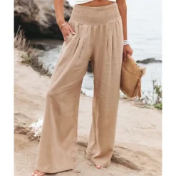 Online Women's Cotton Linen Pants Wide Leg Trousers Fashion Casual Lounge Full Length High Waist Baggy Micro-elastic Vacation Daily Apple Green Black White Dark Navy Autumn / Fall Women Pants