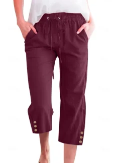 Online Women's Cotton Linen Pants Pants Trousers Casual Daily Calf-Length Plain Drawstring Side Pockets Breathability Comfortable Inelastic Weekend Wine Navy Blue Brown Khaki Spring & Summer Regular Fit Women Pants