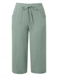Best Women's Cotton Linen Pants Chinos Vacation Streetwear Basic Calf-Length High Waist Plain Pocket Elastic Waistband Comfy Soft Comfortable Micro-elastic Outdoor Street Light Green Blue Khaki Army Green Women Pants