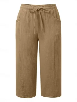Best Women's Cotton Linen Pants Chinos Vacation Streetwear Basic Calf-Length High Waist Plain Pocket Elastic Waistband Comfy Soft Comfortable Micro-elastic Outdoor Street Light Green Blue Khaki Army Green Women Pants