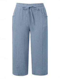 Best Women's Cotton Linen Pants Chinos Vacation Streetwear Basic Calf-Length High Waist Plain Pocket Elastic Waistband Comfy Soft Comfortable Micro-elastic Outdoor Street Light Green Blue Khaki Army Green Women Pants