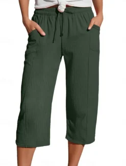 Best Women's Cotton Linen Pants Chinos Vacation Streetwear Basic Calf-Length High Waist Plain Pocket Elastic Waistband Comfy Soft Comfortable Micro-elastic Outdoor Street Light Green Blue Khaki Army Green Women Pants