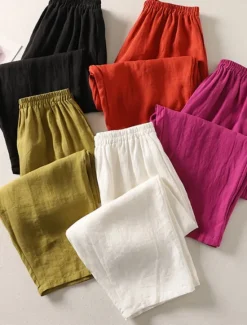Online Women's Cotton Linen Pants Chinos Ethnic Style Basic Casual Full Length High Waist Plain Pocket Drawstring Comfort Outdoor Stretchy Vacation Street Daily Black White Fuchsia Orange Summer Spring Women Pants