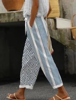 Sale Women's Cotton Linen Pants Baggy Pants Linen Like Vacation Vintage Hawaiian Full Length High Waist Graphic Striped Printing Thermal Warm Breathable Soft Micro-elastic Vacation Daily Going out Women Pants|Leggings