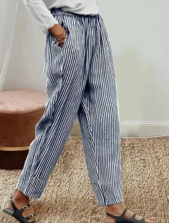 Sale Women's Cotton Linen Pants Baggy Pants Linen Like Vacation Vintage Hawaiian Full Length High Waist Graphic Striped Printing Thermal Warm Breathable Soft Micro-elastic Vacation Daily Going out Women Pants|Leggings