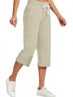 Best Women's Cotton Linen Pants Capri Pants Solid Color Chinos Basic Casual Calf-Length High Waist Plain Pocket Drawstring Comfort Outdoor Micro-elastic Vacation Street Daily Black White Red Apricot Women Pants