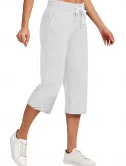Best Women's Cotton Linen Pants Capri Pants Solid Color Chinos Basic Casual Calf-Length High Waist Plain Pocket Drawstring Comfort Outdoor Micro-elastic Vacation Street Daily Black White Red Apricot Women Pants