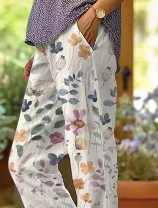 Women's Cotton Linen Pants Baggy Pants Linen Like Fashion Streetwear Full Length High Waist Floral Graphic Printing Thermal Warm Breathable Soft Micro-elastic Outdoor Daily Fall Winter Women Pants|Leggings