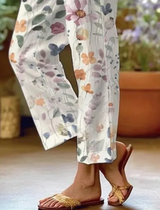 Women's Cotton Linen Pants Baggy Pants Linen Like Fashion Streetwear Full Length High Waist Floral Graphic Printing Thermal Warm Breathable Soft Micro-elastic Outdoor Daily Fall Winter Women Pants|Leggings