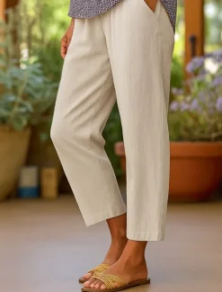 New Women's Cotton Linen Pants Vacation Vintage Fashion Full Length Mid Waist Solid Color Comfy Quick Dry Breathability Micro-elastic Outdoor Vacation Office Black White Navy Blue Beige Fall Loose Fit Women Pants