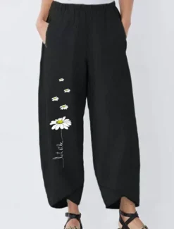 Discount Women's Cotton Linen Pants Pants Trousers Palazzo Pants Fashion Streetwear Comfort Full Length High Waist Flower Elastic Waist Comfy Outdoor Comfortable Street Daily Wear Going out Black Dark navy Women Pants