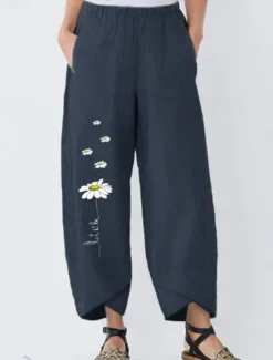 Discount Women's Cotton Linen Pants Pants Trousers Palazzo Pants Fashion Streetwear Comfort Full Length High Waist Flower Elastic Waist Comfy Outdoor Comfortable Street Daily Wear Going out Black Dark navy Women Pants
