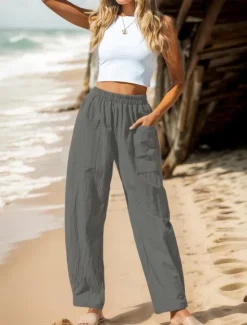 Women's Cotton Linen Pants Basic Full Length High Waist Plain Pocket Comfort Outdoor Micro-elastic Vacation Street Causal Black Pink Wine Navy Blue Summer Spring Fall Loose Fit Women Pants