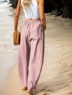 Women's Cotton Linen Pants Basic Full Length High Waist Plain Pocket Comfort Outdoor Micro-elastic Vacation Street Causal Black Pink Wine Navy Blue Summer Spring Fall Loose Fit Women Pants