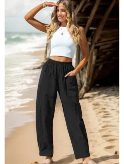 Women's Cotton Linen Pants Basic Full Length High Waist Plain Pocket Comfort Outdoor Micro-elastic Vacation Street Causal Black Pink Wine Navy Blue Summer Spring Fall Loose Fit Women Pants