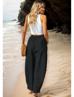 Women's Cotton Linen Pants Basic Full Length High Waist Plain Pocket Comfort Outdoor Micro-elastic Vacation Street Causal Black Pink Wine Navy Blue Summer Spring Fall Loose Fit Women Pants