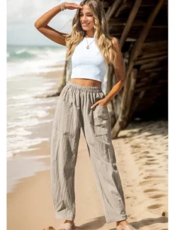 Women's Cotton Linen Pants Basic Full Length High Waist Plain Pocket Comfort Outdoor Micro-elastic Vacation Street Causal Black Pink Wine Navy Blue Summer Spring Fall Loose Fit Women Pants