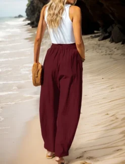 Women's Cotton Linen Pants Basic Full Length High Waist Plain Pocket Comfort Outdoor Micro-elastic Vacation Street Causal Black Pink Wine Navy Blue Summer Spring Fall Loose Fit Women Pants