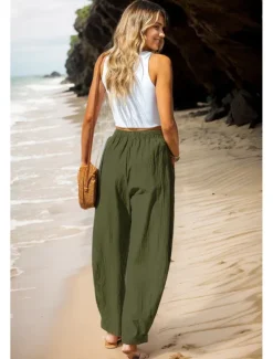 Women's Cotton Linen Pants Basic Full Length High Waist Plain Pocket Comfort Outdoor Micro-elastic Vacation Street Causal Black Pink Wine Navy Blue Summer Spring Fall Loose Fit Women Pants