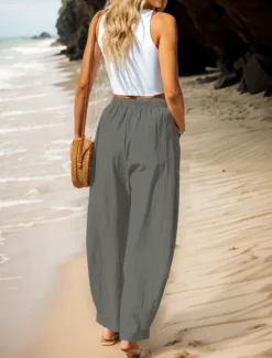 Women's Cotton Linen Pants Basic Full Length High Waist Plain Pocket Comfort Outdoor Micro-elastic Vacation Street Causal Black Pink Wine Navy Blue Summer Spring Fall Loose Fit Women Pants