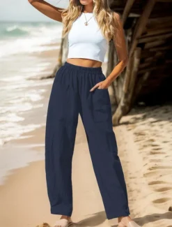 Women's Cotton Linen Pants Basic Full Length High Waist Plain Pocket Comfort Outdoor Micro-elastic Vacation Street Causal Black Pink Wine Navy Blue Summer Spring Fall Loose Fit Women Pants