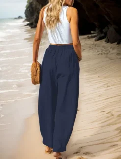 Women's Cotton Linen Pants Basic Full Length High Waist Plain Pocket Comfort Outdoor Micro-elastic Vacation Street Causal Black Pink Wine Navy Blue Summer Spring Fall Loose Fit Women Pants
