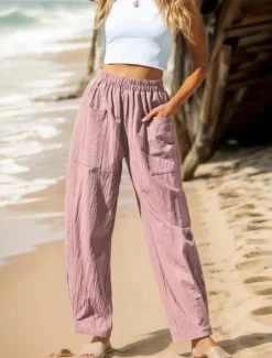 Women's Cotton Linen Pants Basic Full Length High Waist Plain Pocket Comfort Outdoor Micro-elastic Vacation Street Causal Black Pink Wine Navy Blue Summer Spring Fall Loose Fit Women Pants