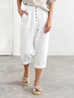 New Women's Cotton Linen Pants Chinos Fashion Streetwear Calf-Length High Waist Plain Pocket Elastic Waistband Comfy Soft Comfortable Micro-elastic Outdoor Street Navy-blue White Summer Spring Regular Fit Women Pants