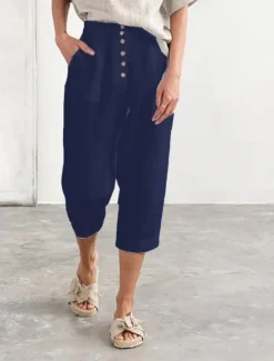 New Women's Cotton Linen Pants Chinos Fashion Streetwear Calf-Length High Waist Plain Pocket Elastic Waistband Comfy Soft Comfortable Micro-elastic Outdoor Street Navy-blue White Summer Spring Regular Fit Women Pants