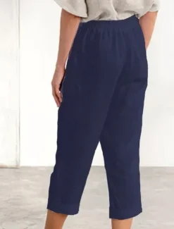 New Women's Cotton Linen Pants Chinos Fashion Streetwear Calf-Length High Waist Plain Pocket Elastic Waistband Comfy Soft Comfortable Micro-elastic Outdoor Street Navy-blue White Summer Spring Regular Fit Women Pants