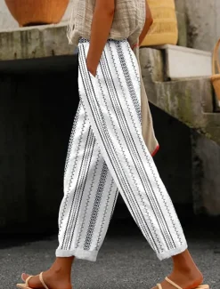Sale Women's Cotton Linen Pants Pants Trousers Lightweight Casual Full Length Mid Rise Stripe Pocket Drawstring Breathability Comfortable Inelastic Casual Daily Weekend River Blue White Summer Spring Women Pants