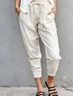 Online Women's Cotton Linen Pants Pants Trousers Casual Daily Ankle-Length Plain Drawstring Side Pockets Breathability Comfortable Inelastic Weekend White Army Green Orange Apricot Spring & Summer Regular Women Pants