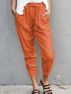 Online Women's Cotton Linen Pants Pants Trousers Casual Daily Ankle-Length Plain Drawstring Side Pockets Breathability Comfortable Inelastic Weekend White Army Green Orange Apricot Spring & Summer Regular Women Pants