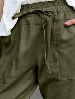Online Women's Cotton Linen Pants Pants Trousers Casual Daily Ankle-Length Plain Drawstring Side Pockets Breathability Comfortable Inelastic Weekend White Army Green Orange Apricot Spring & Summer Regular Women Pants