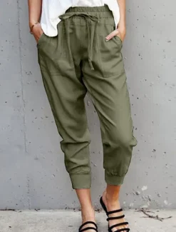 Online Women's Cotton Linen Pants Pants Trousers Casual Daily Ankle-Length Plain Drawstring Side Pockets Breathability Comfortable Inelastic Weekend White Army Green Orange Apricot Spring & Summer Regular Women Pants