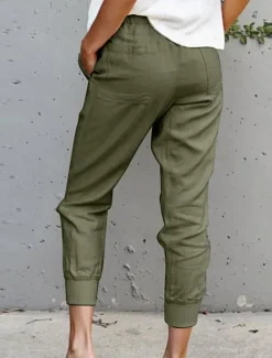 Online Women's Cotton Linen Pants Pants Trousers Casual Daily Ankle-Length Plain Drawstring Side Pockets Breathability Comfortable Inelastic Weekend White Army Green Orange Apricot Spring & Summer Regular Women Pants