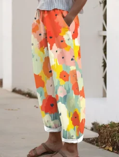 Best Women's Cotton Linen Pants Baggy Pants Linen Like Vacation Casual Full Length Mid Waist Floral Print Breathable Outdoor Comfortable Micro-elastic Daily Wear Summer Spring Fall Loose Fit Women Pants