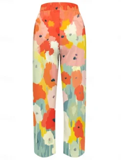 Best Women's Cotton Linen Pants Baggy Pants Linen Like Vacation Casual Full Length Mid Waist Floral Print Breathable Outdoor Comfortable Micro-elastic Daily Wear Summer Spring Fall Loose Fit Women Pants